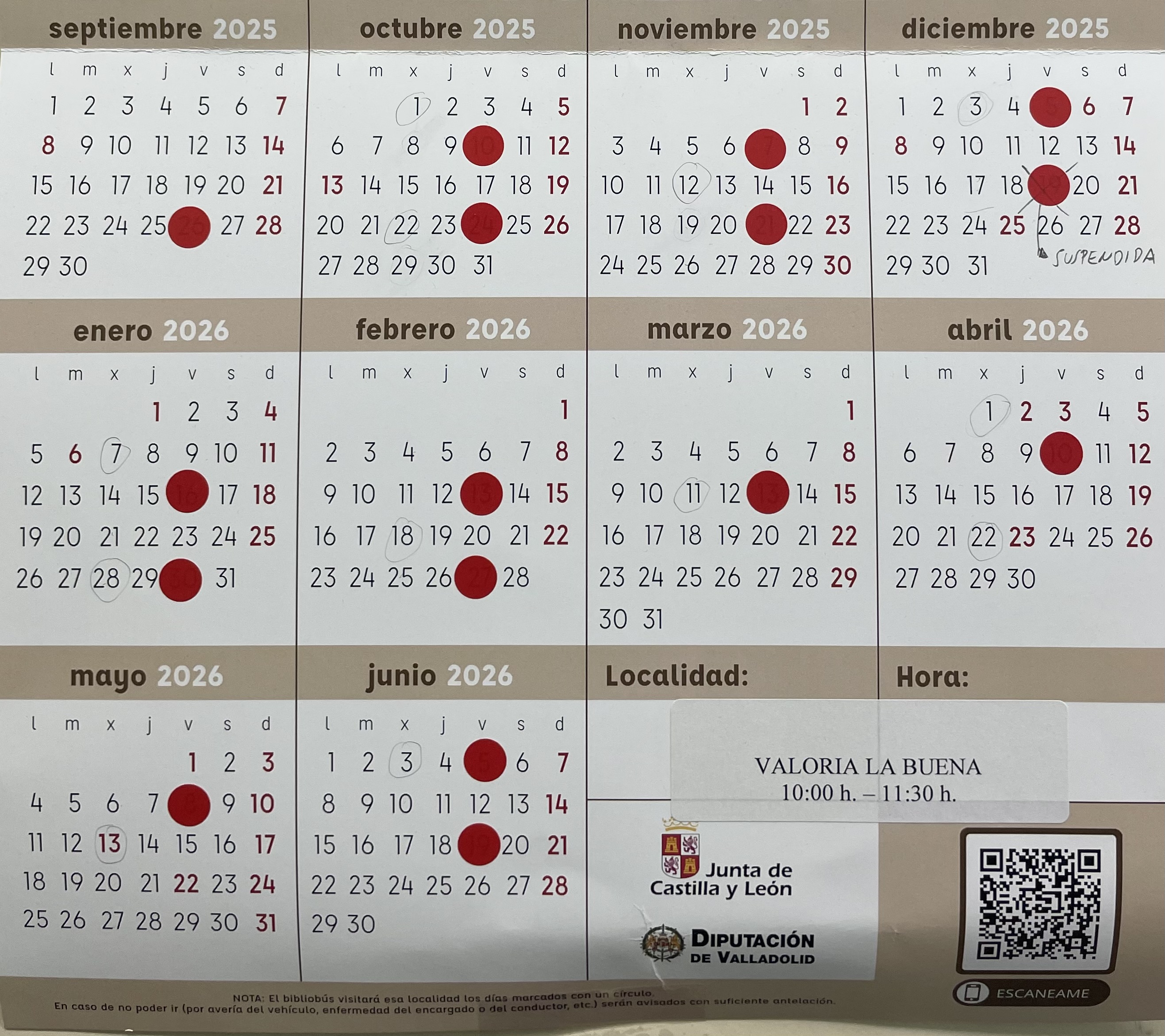 Calendario Bibliobús 2025-2026 Calendario Bibliobús 2025-2026